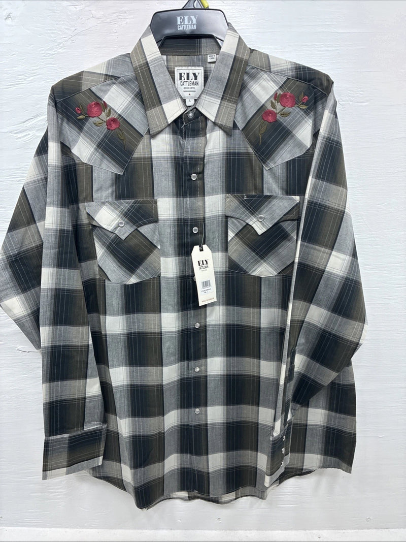 New Men’s ELY Cattleman Green Rose Plaid Long Sleeve Pearl Snap Large X-72