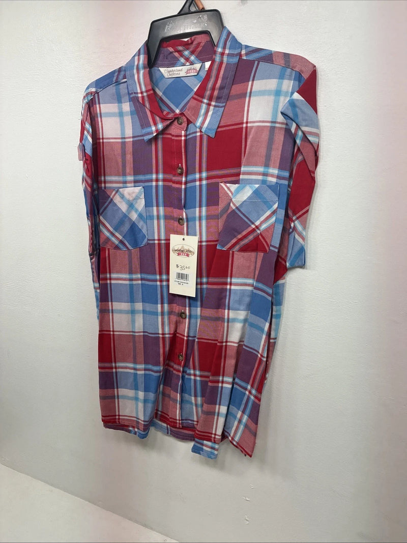 New Women’s Cumberland Red Blue Plaid Short Sleeve Button Up Medium GG-4