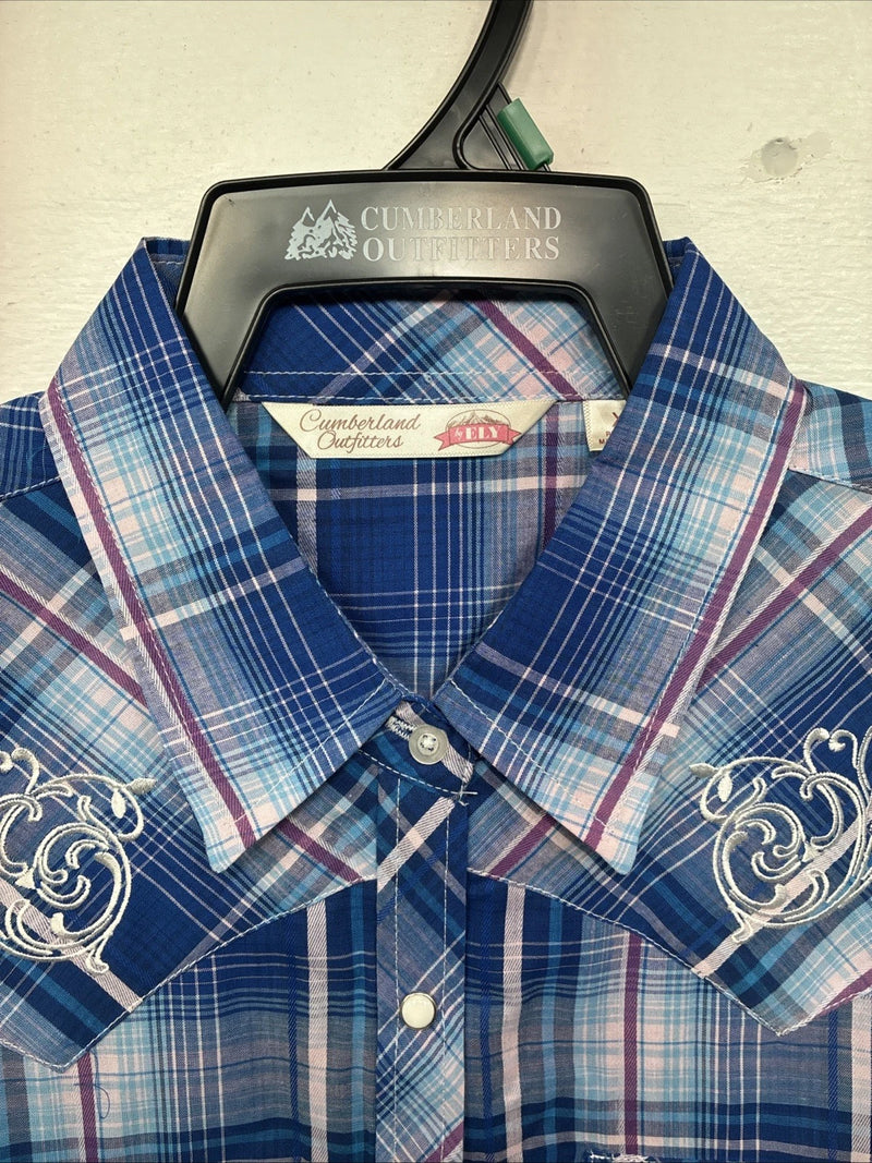 New Women’s Cumberland Blue Purple Plaid Long Sleeve Pearl Snap XL GG-81