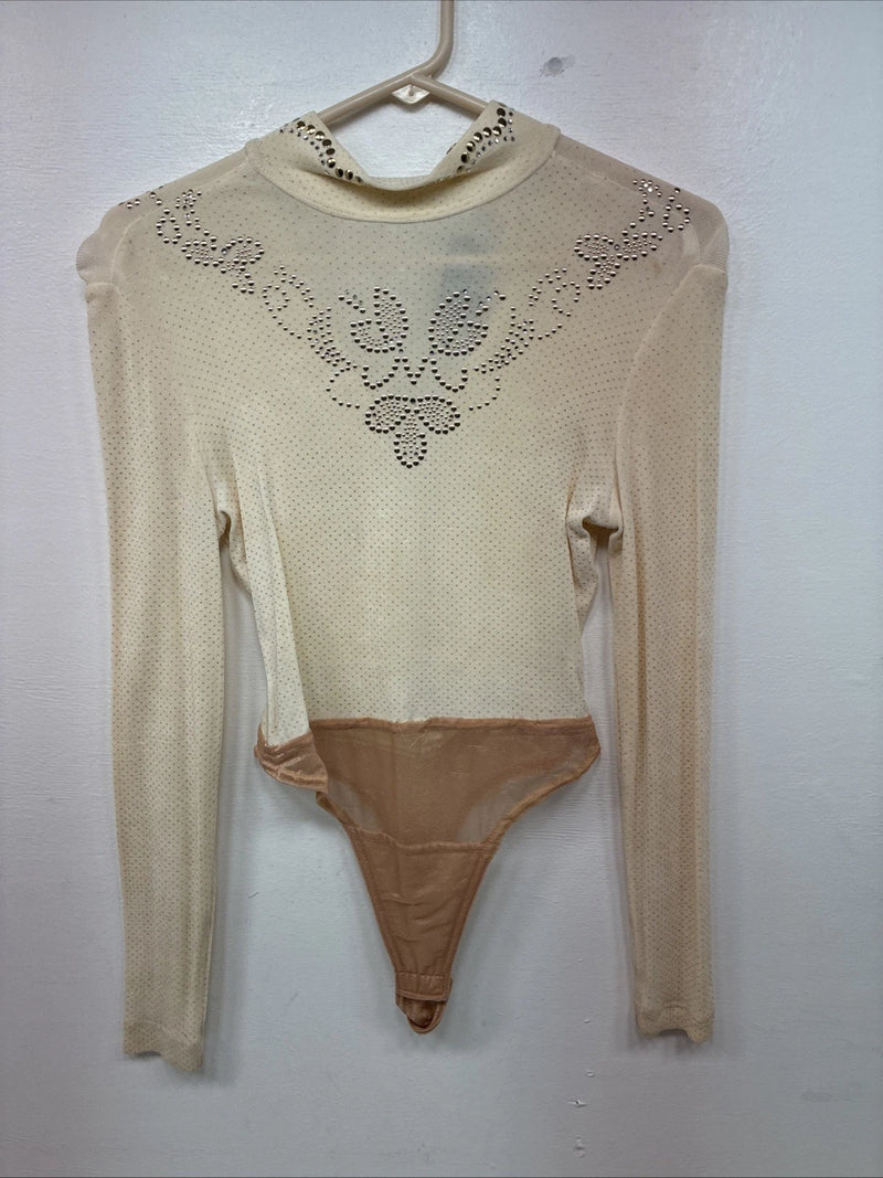 New Tadaski Cream Gem Long Sleeve Half Zip Showing Bodysuit Small TT-44