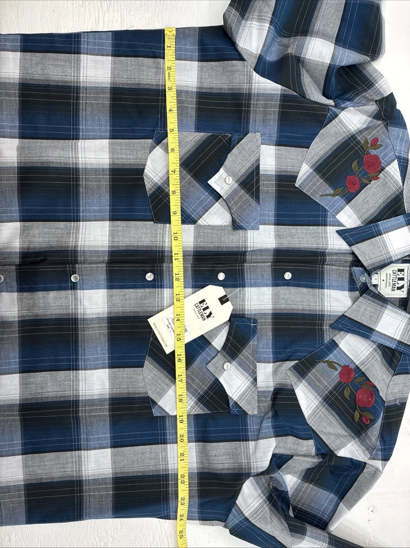 New Men’s ELY Cattleman Blue Grey Plaid Long Sleeve Pearl Snap Large AA-19