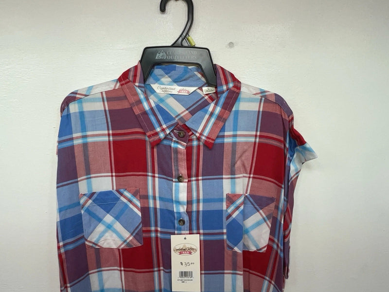 New Women’s Plaid Cumberland Outfitters Cut Off Button Up Shirt L #14119 3B-49