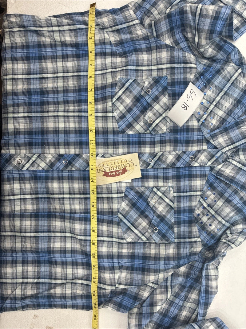 New Women Cumberland Blue Plaid Long Sleeve Pearl Snap 2XL GG-18