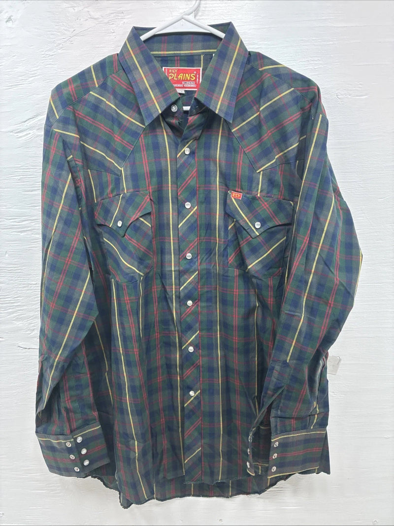 New Men’s ELY Plains Green Plaid Long Sleeve Pearl Snap 17 X 34 XL T-24