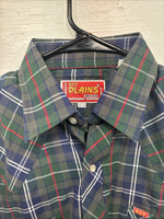 New Men’s ELY Plains Blue Green Plaid Long Sleeve Pearl Snap 15.5 Medium R-30
