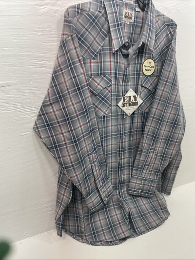 New Men’s ELY Cattleman Blue Gray Long Sleeve Pearl Snap 3XL E-35
