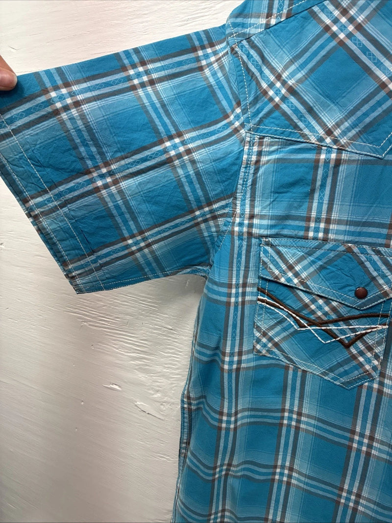 New Men’s ELY 1878 Blue Plaid Short Sleeve Pearl Snap Large X-32
