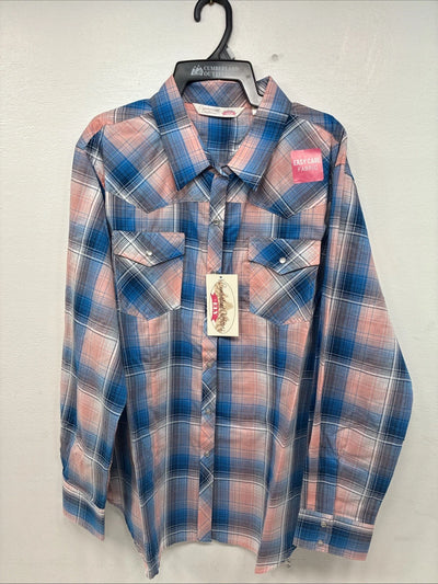 New Women’s Cumberland Pink Blue Plaid Long Sleeve Pearl Snap 2XL GG-80