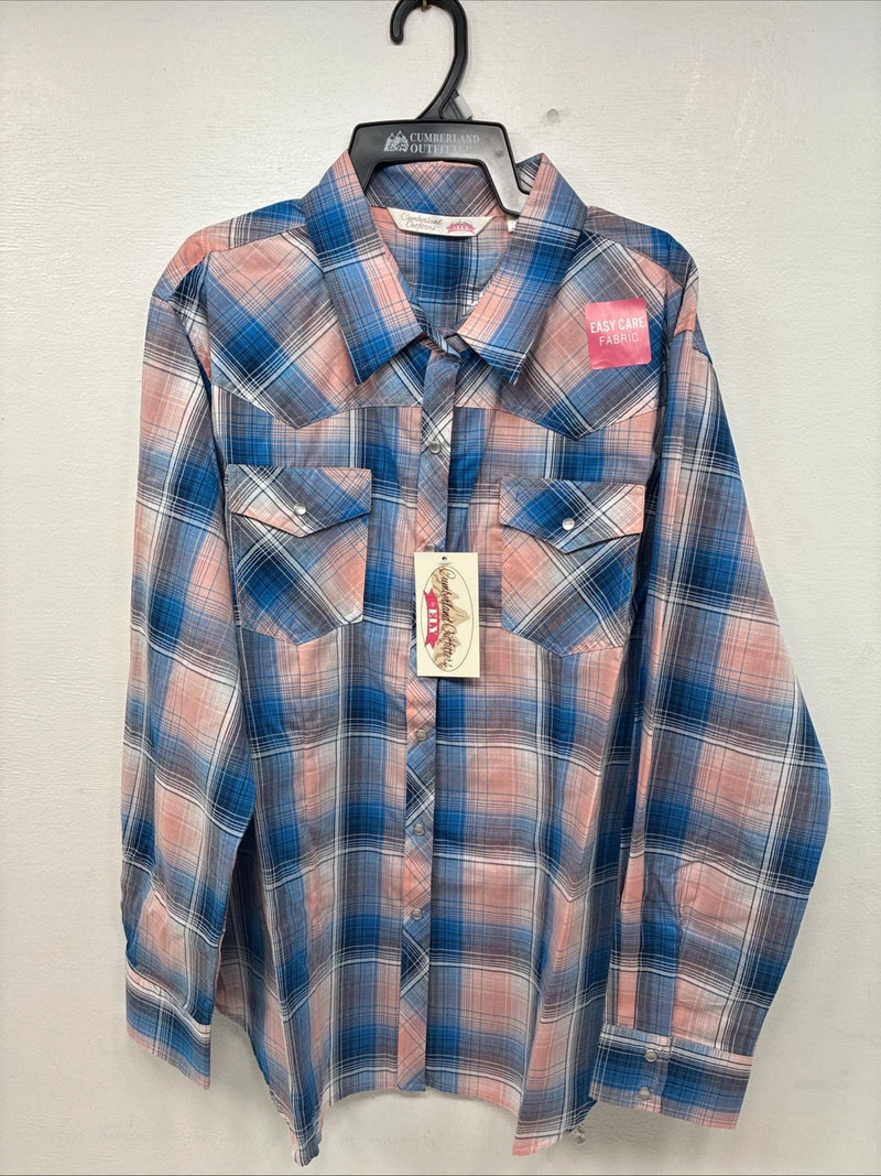 New Women’s Cumberland Pink Blue Plaid Long Sleeve Pearl Snap 2XL GG-80
