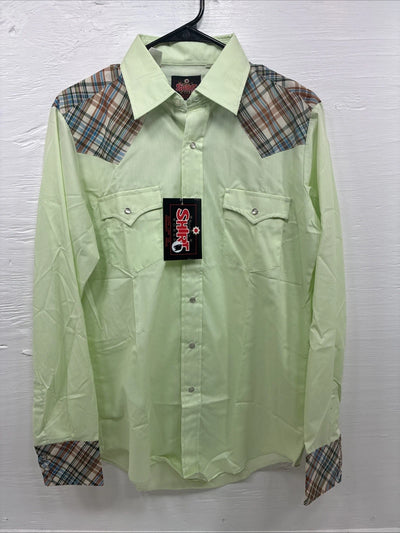 New Men’s Western Shirts Green Plaid Long Sleeve Pearl Snap 15.5 Medium K-99