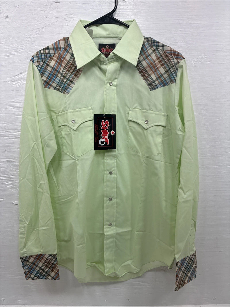 New Men’s Western Shirts Green Plaid Long Sleeve Pearl Snap 15.5 Medium K-99