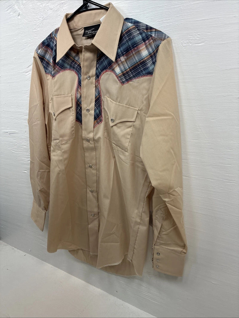 New Men’s Champion Western Tan Plaid Long Sleeve Pearl Snap 15 Medium X-31