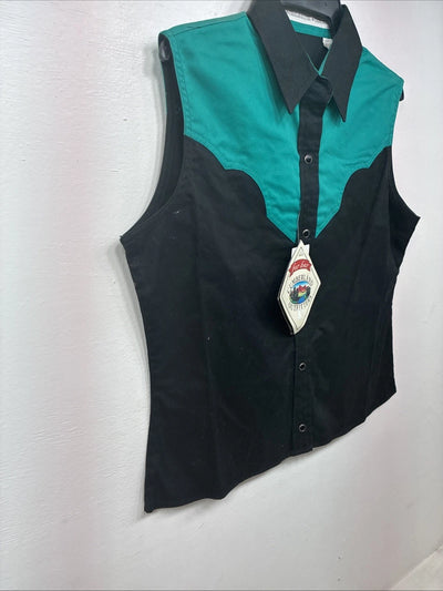 New Women’s Cumberland Black Blue Sleeveless Pearl Snap Small TT-138