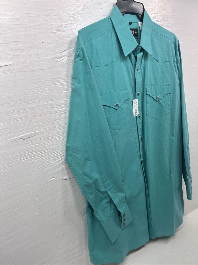 New Men’s White Horse Teal Long Sleeve Pearl Snap XL R-57