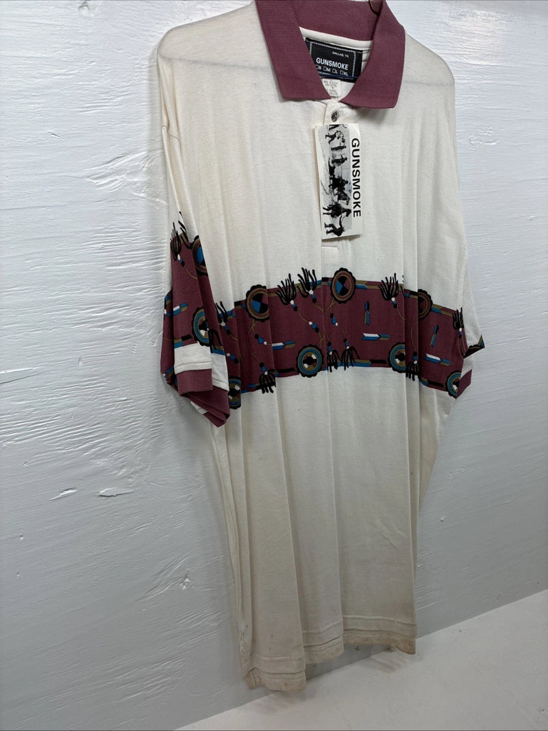 New Men’s Gun Smoke White Red Western Design Short Sleeve Polo Shirt XL H-85