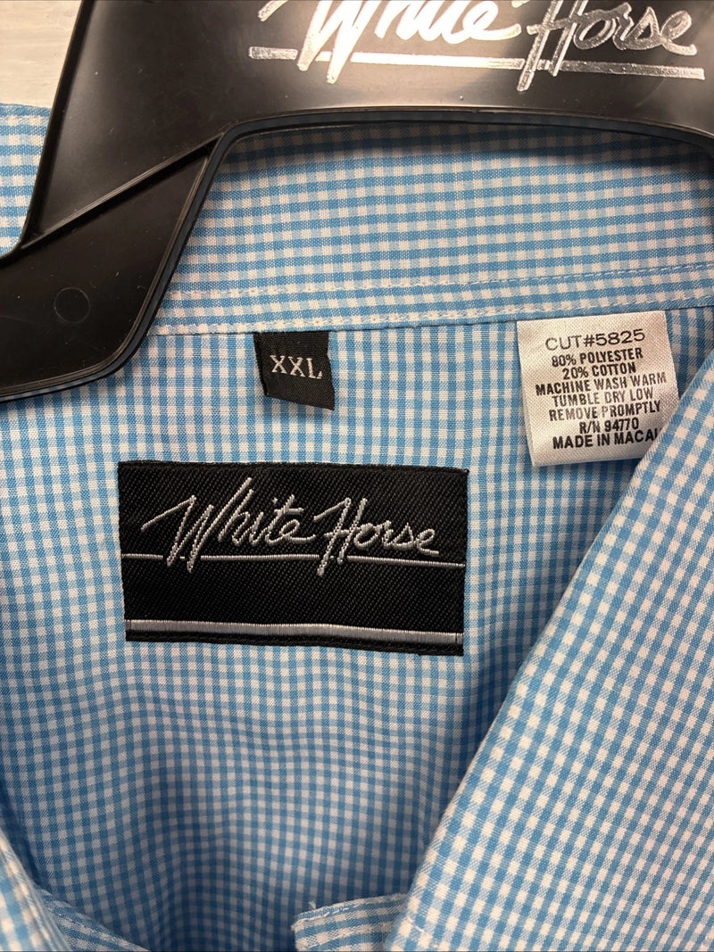 New Men’s White Horse Blue Checkered Long Sleeve Pearl Snap 2XL H-28