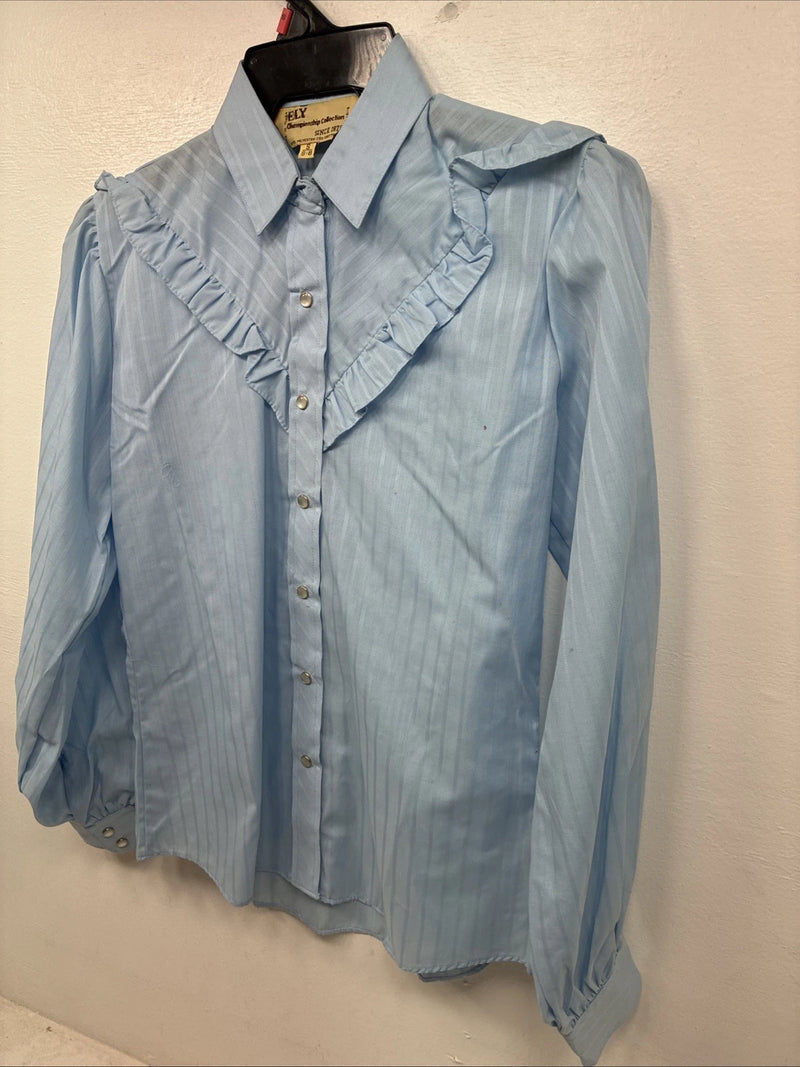 New Women’s ELY Champion Blue Long Sleeve Pearl Snap Size Small TT-135