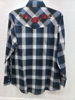 New Men’s ELY Cattleman Blue Gray Plaid Long Sleeve Pearl Snap Medium J-90