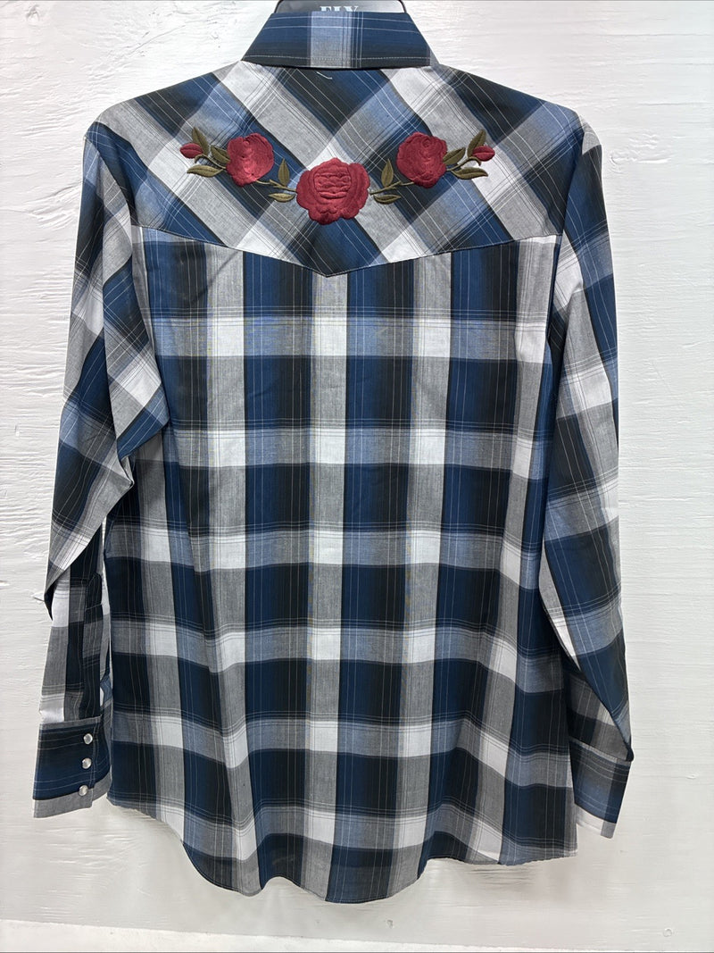 New Men’s ELY Cattleman Blue Gray Plaid Long Sleeve Pearl Snap Medium J-90