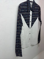 New Women’s Cowboy Threads White Navy Plaid Long Sleeve Button Up M #7906 3C-41