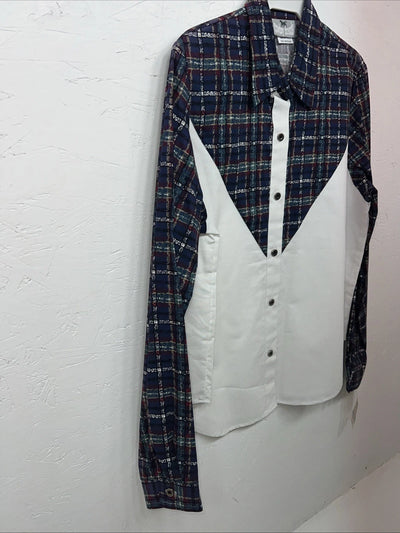 New Women’s Cowboy Threads White Navy Plaid Long Sleeve Button Up M #7906 3C-41