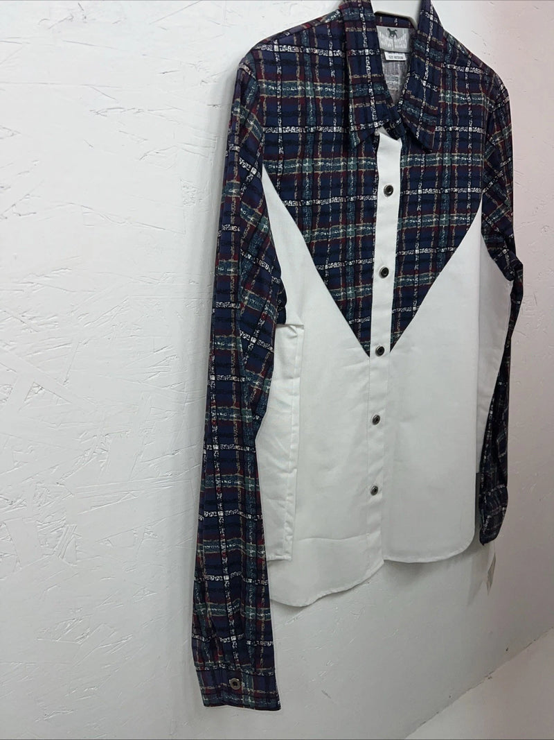 New Women’s Cowboy Threads White Navy Plaid Long Sleeve Button Up M #7906 3C-41