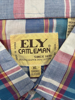 New Men’s ELY Cattleman Purple Multicolor Plaid Short Sleeve Pearl Snap XL R-54