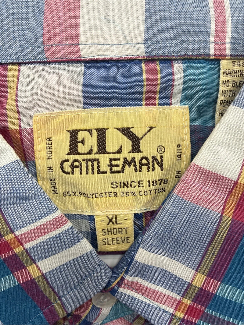 New Men’s ELY Cattleman Purple Multicolor Plaid Short Sleeve Pearl Snap XL R-54