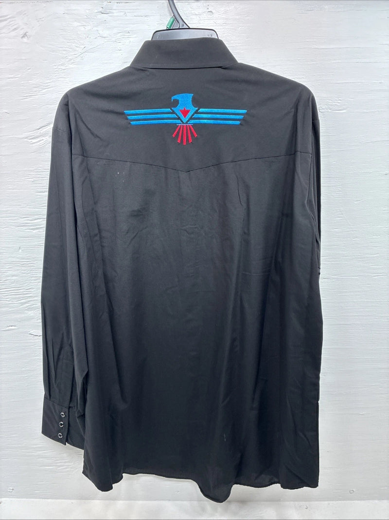 New Men’s ELY Cattleman Black Aztec Design Long Sleeve Pearl Snap XL O-67