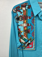 New Women’s Wrangler Blue Design Long Sleeve Button Up Large TT-7