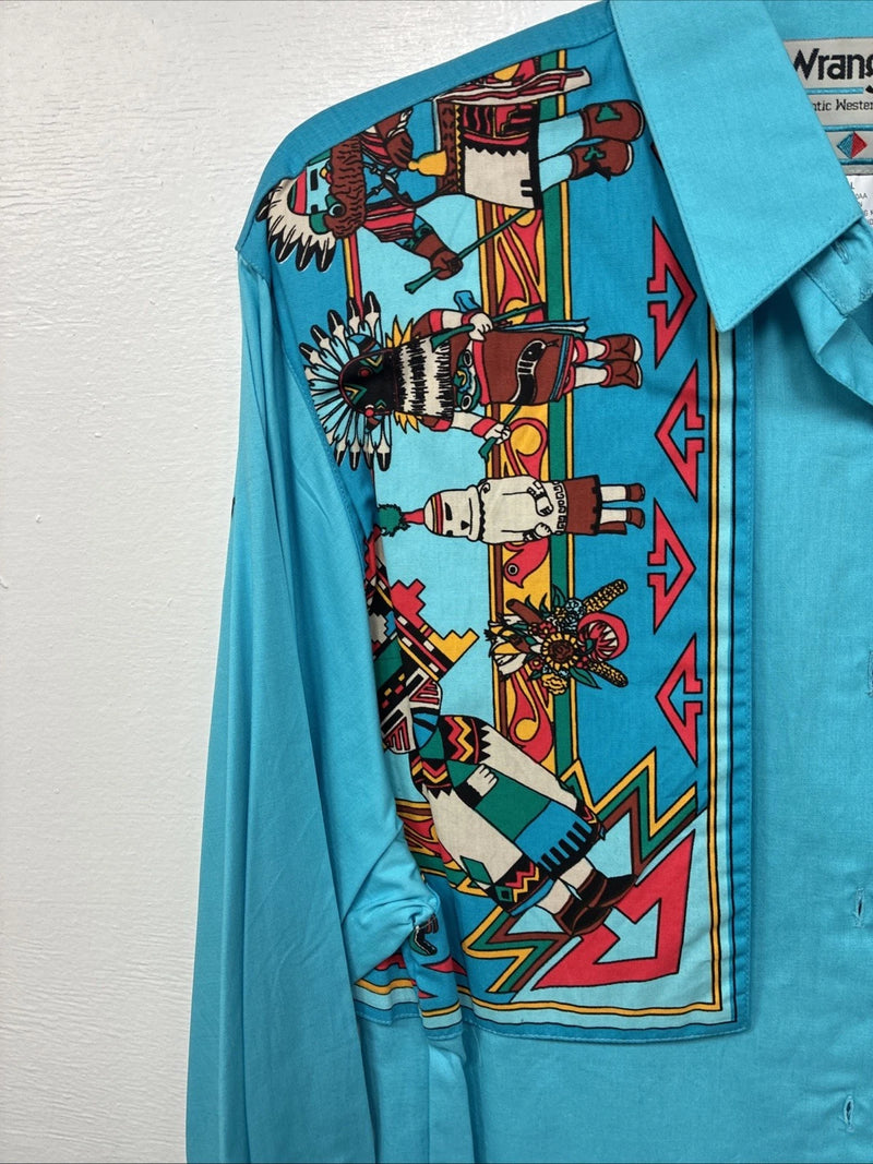 New Women’s Wrangler Blue Design Long Sleeve Button Up Large TT-7
