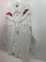 New Men’s ELY diamond White With Red Roses Long Sleeve Pearl Snap XXXL E-15