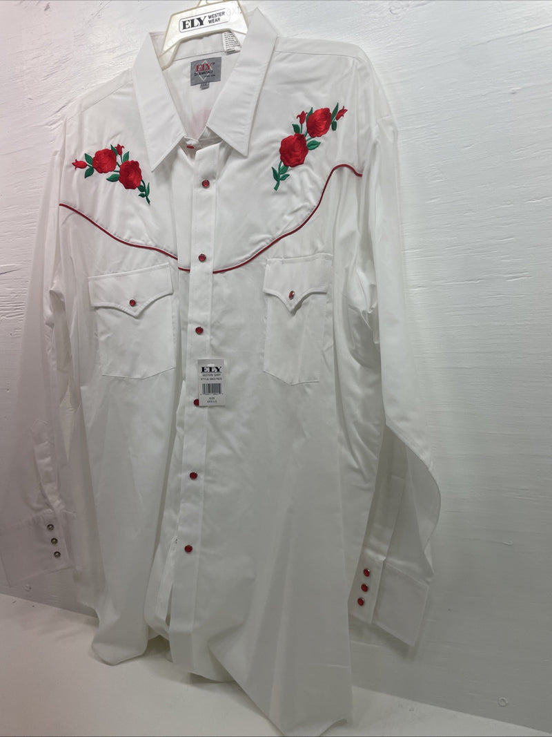 New Men’s ELY diamond White With Red Roses Long Sleeve Pearl Snap XXXL E-15