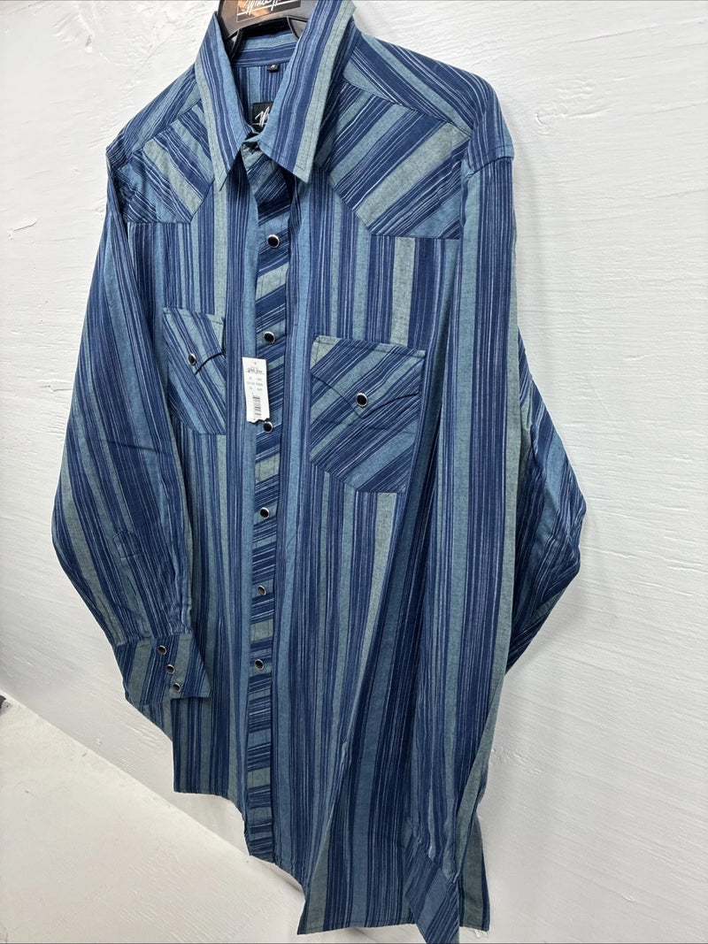 New Men’s White Horse Blue Green Stripe Long Sleeve Pearl Snap XL H-66