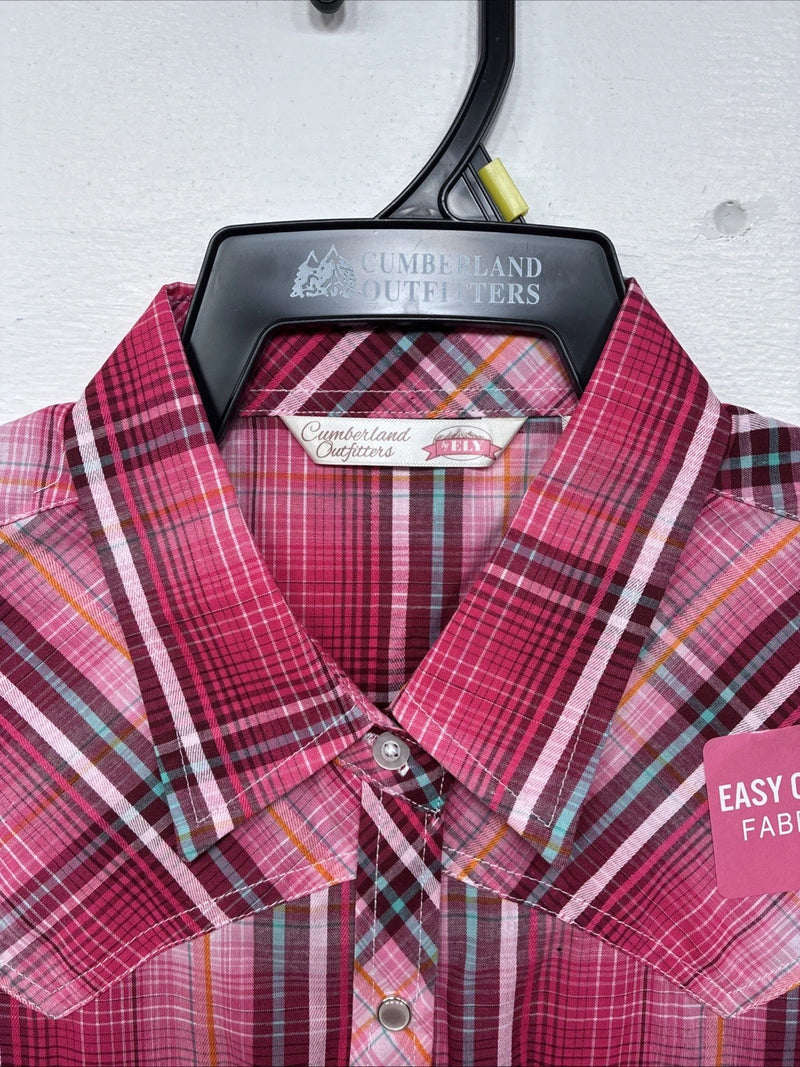 New Women’s Cumberland Pink Plaid Short Sleeve Pearl Snap Large GG-27