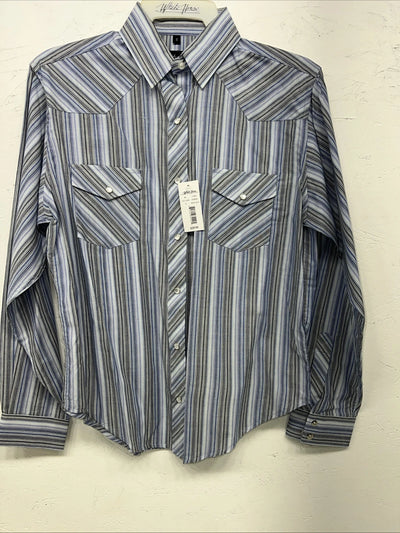 New Men’s White horse Blue Long Sleeve Pearl Snap Small A-193