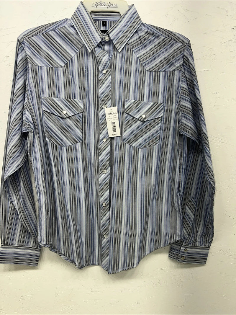 New Men’s White horse Blue Long Sleeve Pearl Snap Small A-193