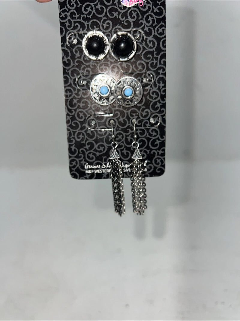 New Women’s Blazin Roxx Set Of 3 Earrings. Black Turquoise Silver. 30686 A-86