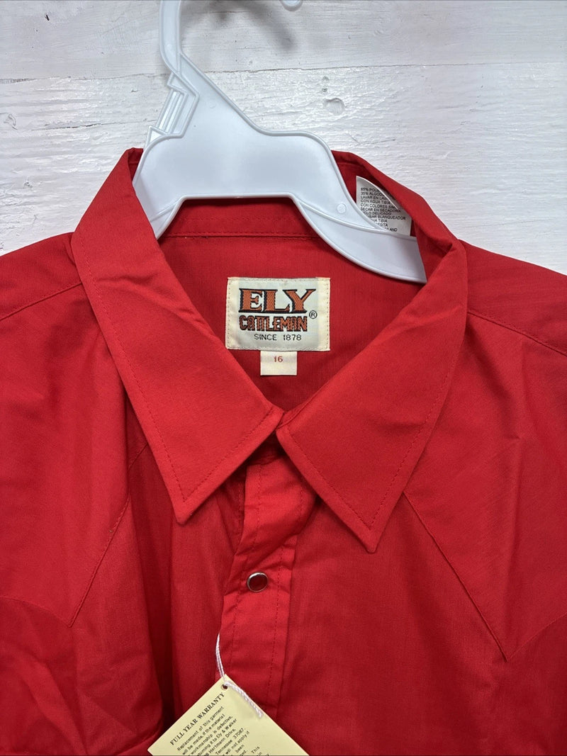 New Men’s ELY Cattleman Red Short Sleeve Pearl Snap 16 Large CC-13