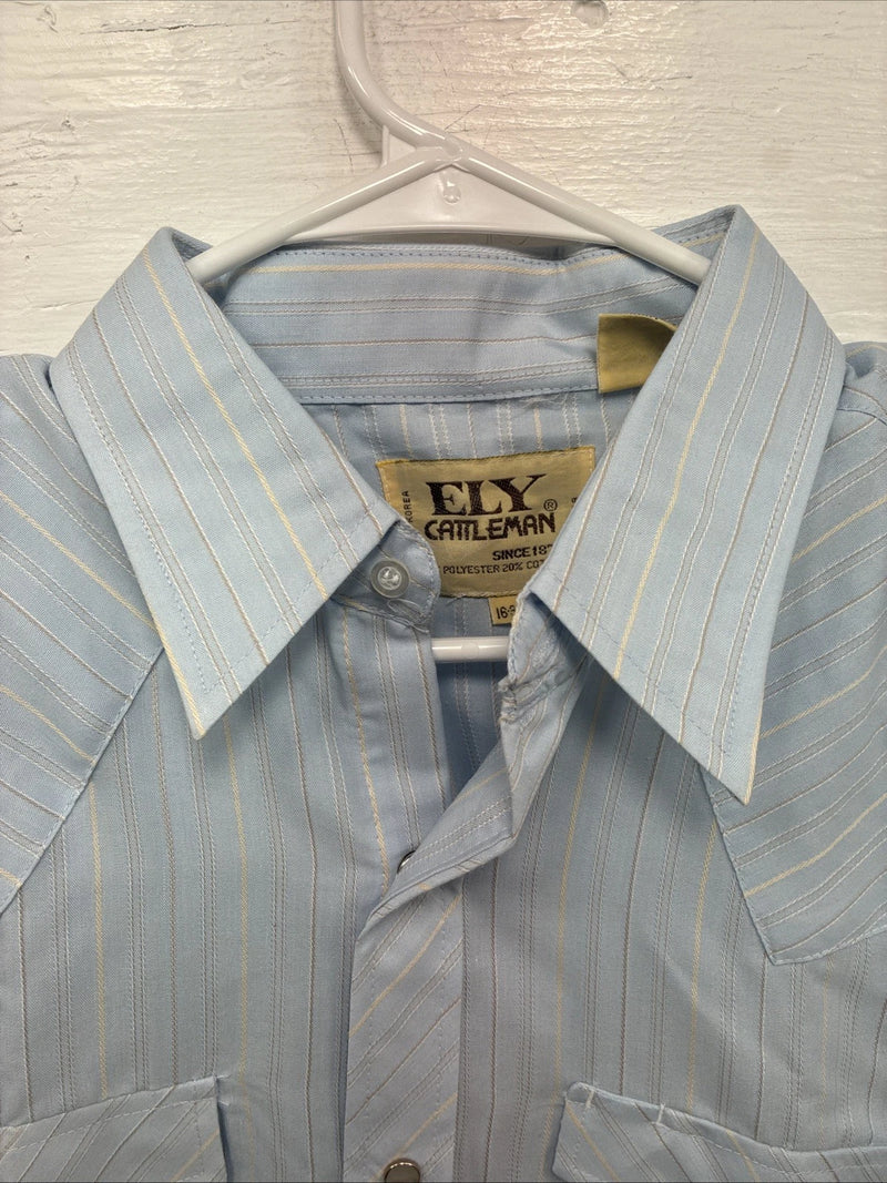 New Men’s ELY Cattleman Blue Stripe Long Sleeve Pearl Snap 16 X 34 Large V-113