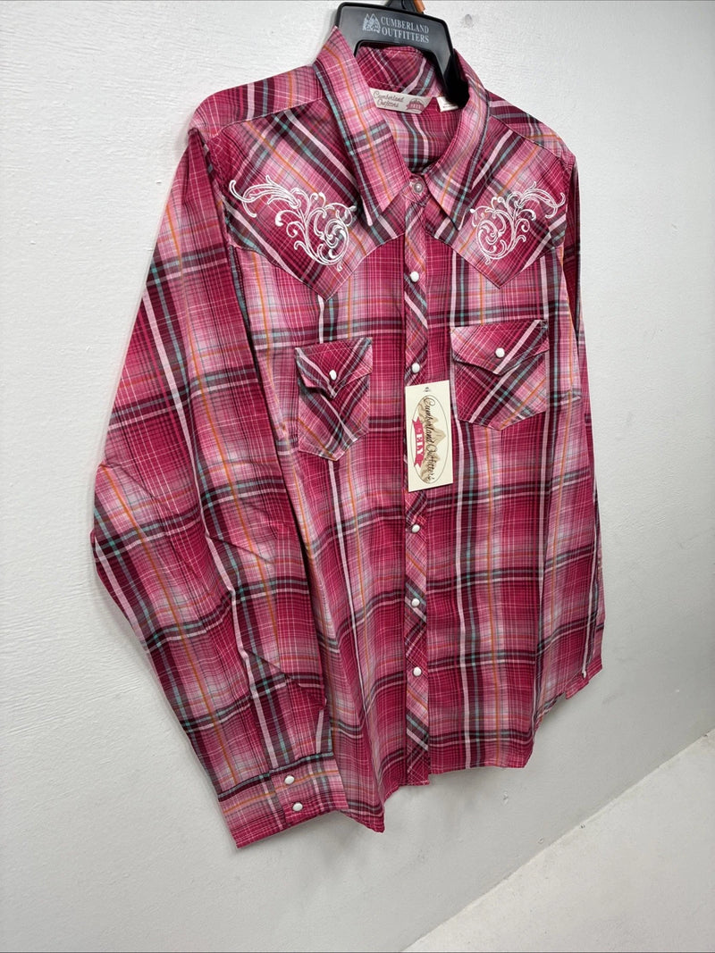New Women’s Cumberland Pink Plaid Long Sleeve Pearl Snap Medium II-107