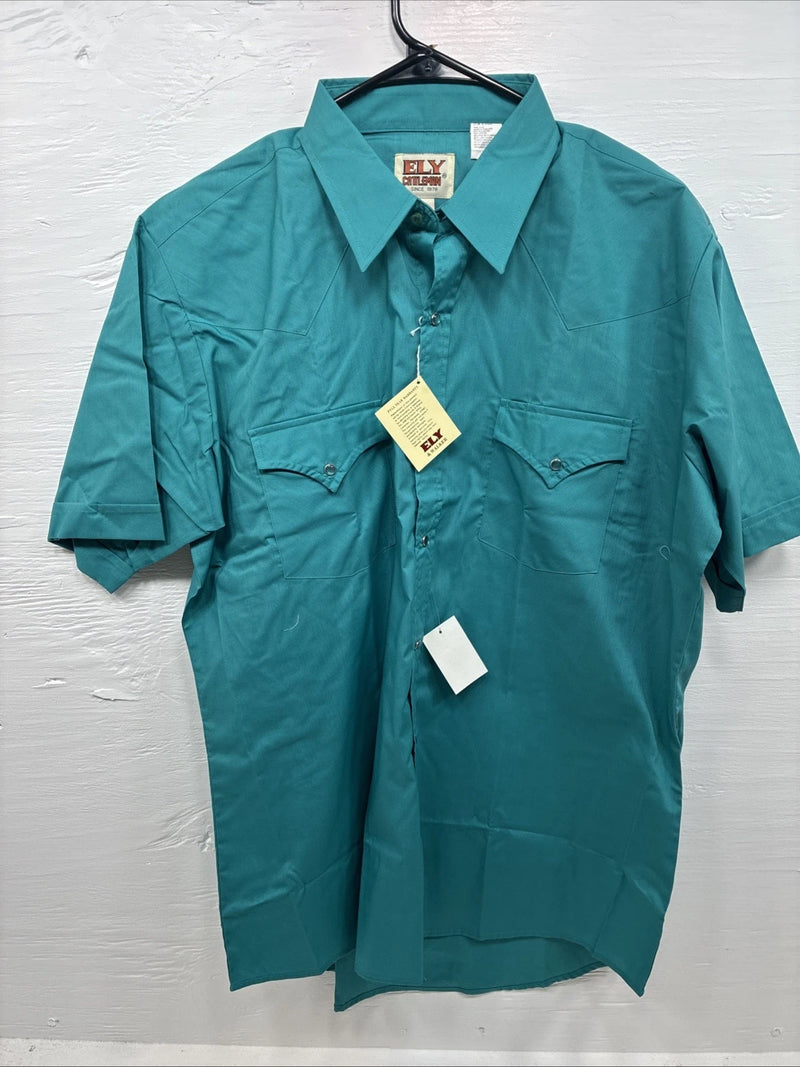 New Men’s ELY Cattleman Teal Short Sleeve Pearl Snap 16.5 Large M-42