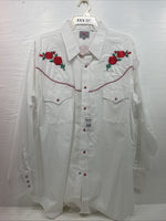 New Men’s ELY diamond White With Red Roses Long Sleeve Pearl Snap XXXL E-15