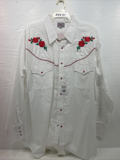 New Men’s ELY diamond White With Red Roses Long Sleeve Pearl Snap XXXL E-15