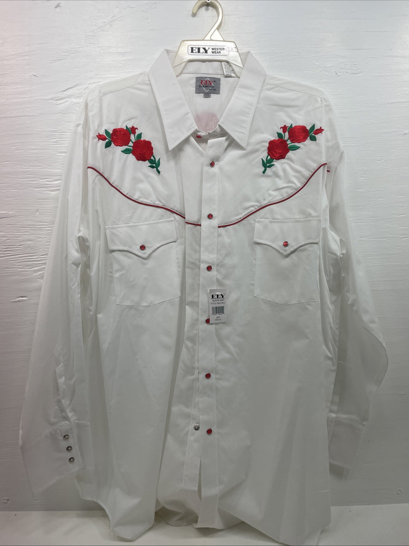New Men’s ELY diamond White With Red Roses Long Sleeve Pearl Snap XXXL E-15
