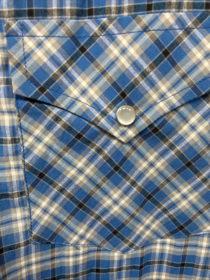New Men’s White Horse Blue Plaid Long Sleeve Pearl Snap XL O-43
