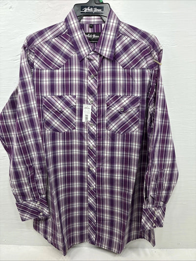 New Men’s White Horse People Plaid Long Sleeve Pearl Snap XL J-37