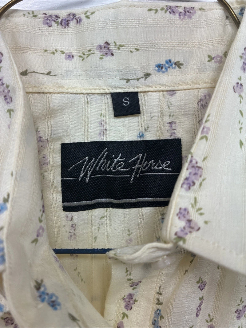 New Women’s White Horse Yellow Floral Long Sleeve Pearl Snap Small DD-47