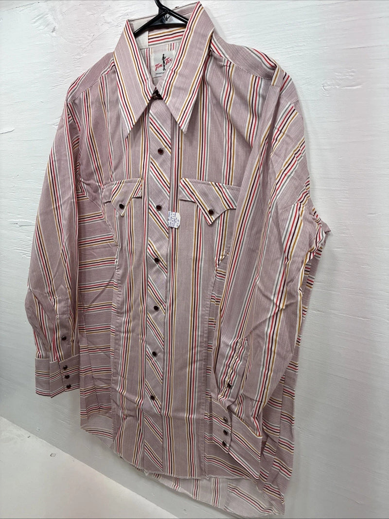 New Men’s Tem Tex Pink Stripe Long Sleeve Pearl Snap Medium J-73