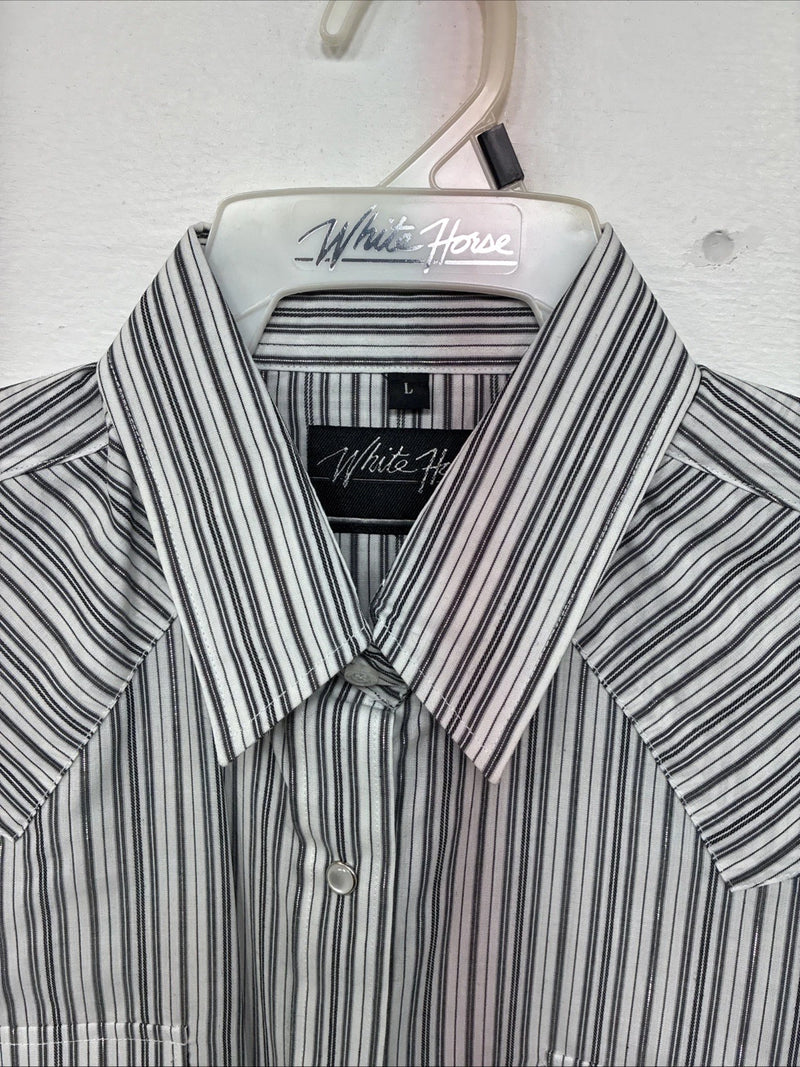 New Women’s White Horse Black Gray Stripe Long Sleeve Pearl Snap Large II-12